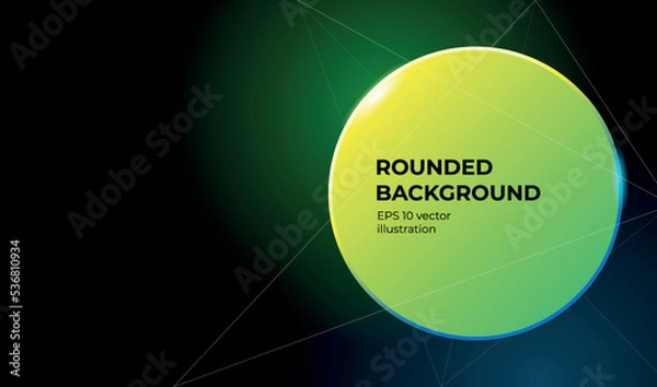 Obraz Green banner background with round glossy shapes and neon glitter, levitating 3D objects with reflection on a dark background