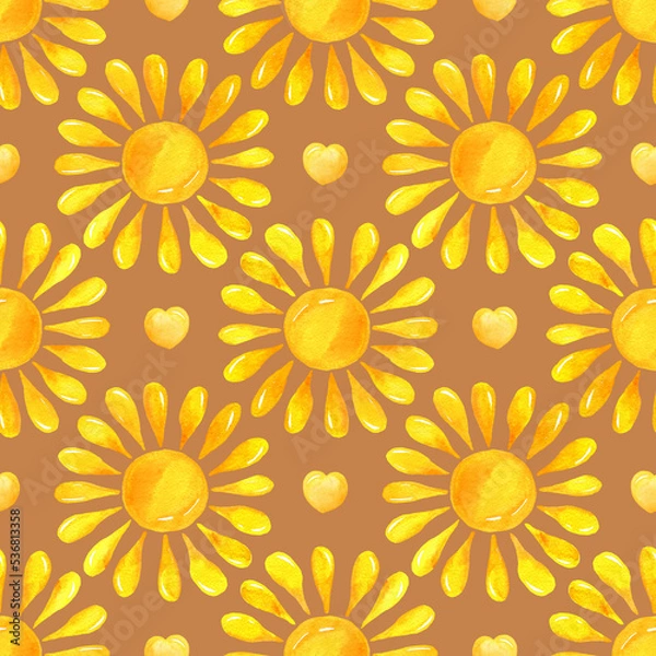 Fototapeta Watercolor summer yellow sun seamless pattern. Hand drawn cute  background. Repeatable texture, surface, wrapping paper, stationery, wallpaper,  fabric, paper, textile