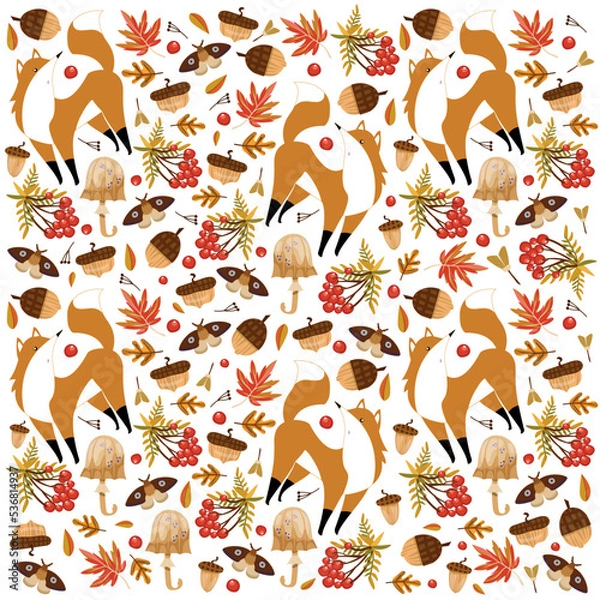 Obraz Autumn pattern with foxes, leaves, acorns, moths. Vector illustration. Background for fabric, wallpaper, design. Children's illustration.