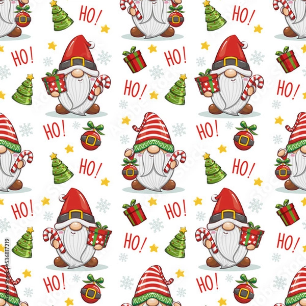 Obraz Seamless Pattern Santa Claus With Cute Gnome, Christmas Cartoon Illustration
