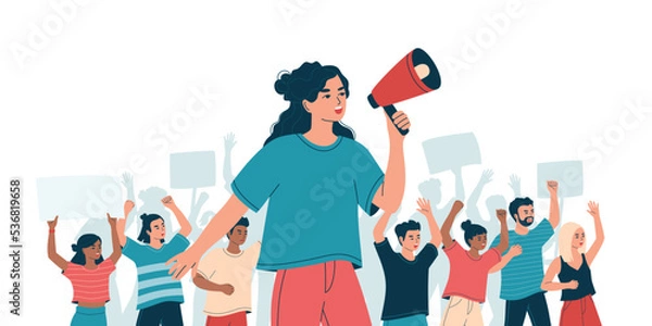Obraz Woman with loudspeaker and angry crowd on protest, strike. Concept peaceful demonstration of human rights. Group of diverse people, students at picket. Isolated flat vector illustration