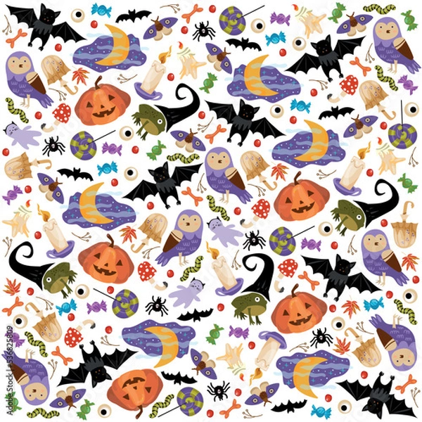 Obraz Vector pattern halloween celebration with pumpkin, mushroom, frog, bat, mystical things, spider, lollipop, worm, eyes, toad, fly agaric.Background for fabric, wallpaper, design. Children illustrate.