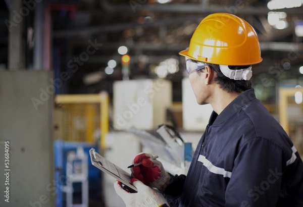 Obraz Factory worker writing on clipboard