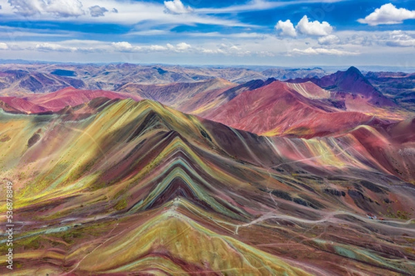 Obraz Aerial view of the entire Rainbow Mountains in Peru with Vinicunca in the center and the Red Valley in the background.