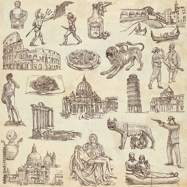 Fototapeta Italy - Full sized hand drawn illustrations