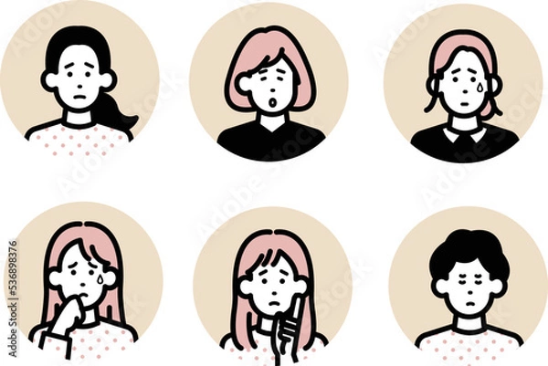 Fototapeta ネガティブな表情の女性のアイコンイラストセット