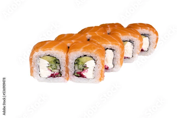 Fototapeta Philadelphia roll with salmon and mango on a white background, isolate