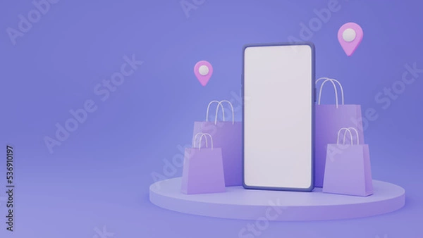 Fototapeta smartphone Shopping online concept. purple background minimal, discount, promotion, sale, banner, website. 3d rendering