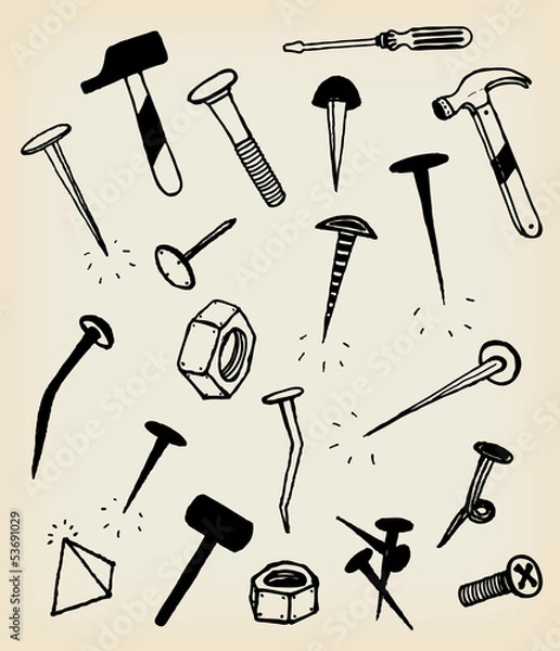 Fototapeta Doodle Nails, Bolts, Hammers And Tool Icons