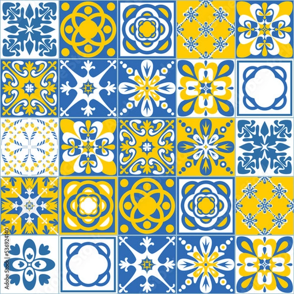 Obraz Yellow blue seamless pattern, traditional spanish Azulejo tile mosaic, contrast bright vector illustration