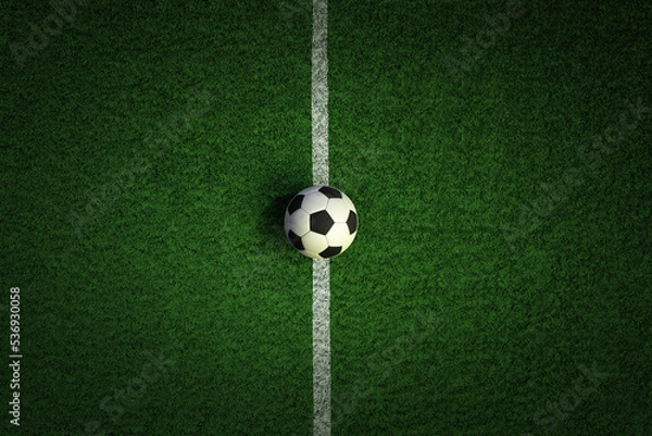 Fototapeta 3D rendering of soccer ball on grass stadium