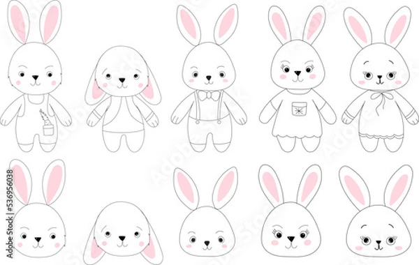 Fototapeta rabbit, hare cartoon set sketch ,outline icon isolated vector