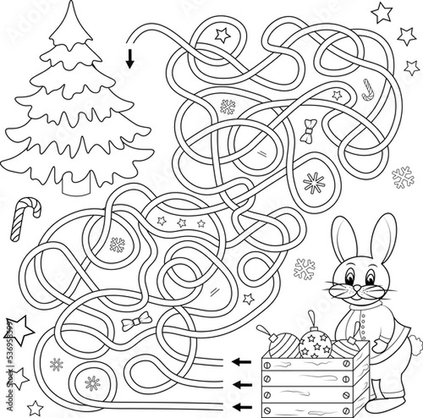 Fototapeta Labyrinth or labyrinth game. Tangled road. Puzzle. Cartoon hare and christmas tree. Vector illustration