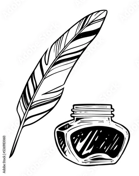 Obraz Inkwell and feather, hand drawn vector illustration