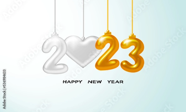 Fototapeta Happy New Year 2023. Holiday vector illustration of silver and gold metallic numbers 2023. Realistic 3d sign. Festive poster or banner design