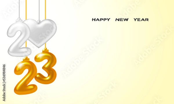 Fototapeta Happy New Year 2023. Holiday vector illustration of silver and gold metallic numbers 2023. Realistic 3d sign. Festive poster or banner design Art with space to add texts