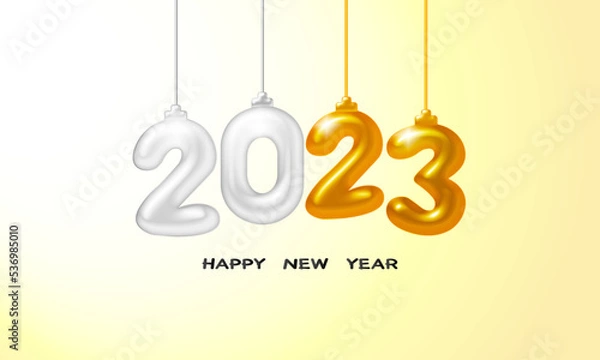 Fototapeta Happy New Year 2023. Holiday vector illustration of silver and gold metallic numbers 2023. Realistic 3d sign. Festive poster or banner design