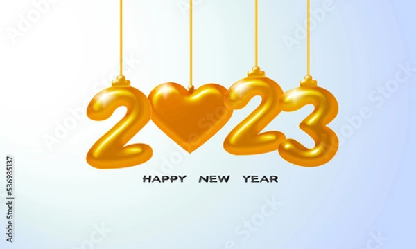 Fototapeta Happy New 2023 Year. Holiday vector illustration of golden metallic numbers 2023. Realistic 3d sign. Festive poster or banner design