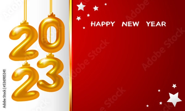 Fototapeta Happy New Year 2023. Holiday vector illustration of golden metallic numbers 2023. Realistic 3d sign. Festive poster or banner design. Art with space to add texts