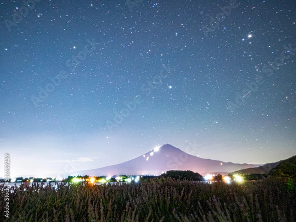 Obraz 星空と富士山とラベンダー