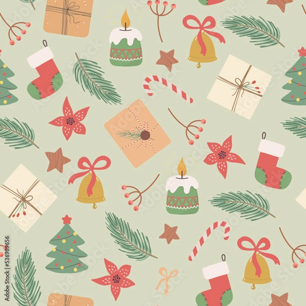 Fototapeta Christmas holiday flat vector seamless pattern. Traditional xmas attributes decorative backdrop.