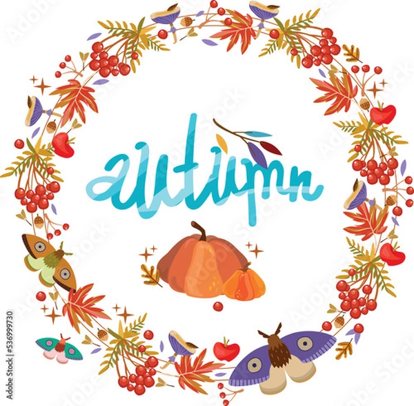 Obraz Autumn frame with acorns, mountain ash, pumpkins, moths, maple and oak leaves, mushrooms, apples. Vector illustration. Background for fabric, wallpaper, design.