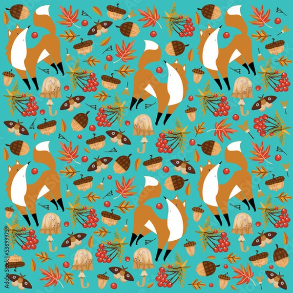 Obraz Autumn pattern with foxes, leaves, acorns, moths on a turquoise background. Vector illustration. Background for fabric, wallpaper, design. Children's illustration.