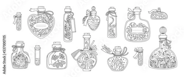 Fototapeta Set of hand drawn bottles with magic potion in fantasy style on white background. Doodle vector illustration of vials, jars, flasks with scary occult objects like mushrooms, bones, snake, crystals.