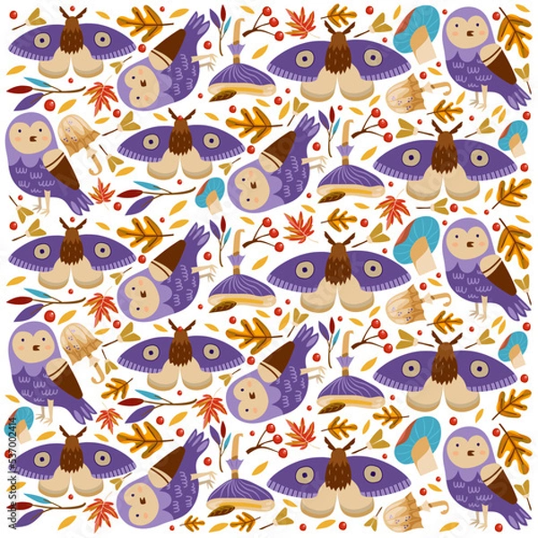 Obraz Autumn pattern with owls, leaves, mushrooms, moths. Vector illustration. Background for fabric, wallpaper, design. Children's illustration.