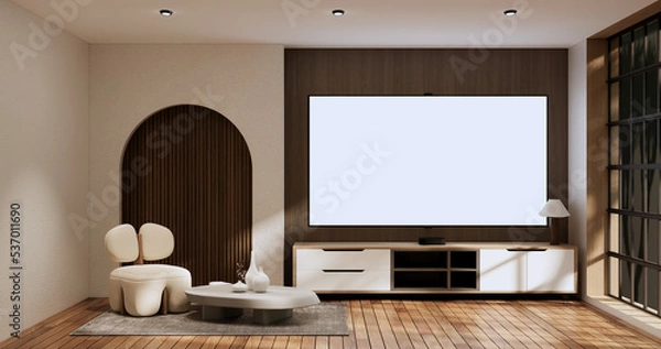 Fototapeta Cabinet wooden japandi design on living room wabi sabi style empty wall background.3D rendering