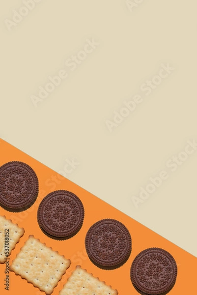 Obraz Cookie on multi-colored background. Festive, children's background. Flat lay. Sweet cookies flat lay pattern. Top view.