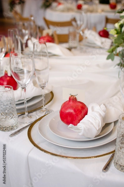 Obraz Beautiful wedding decoration. Banquet table setting and decoration. Flower decoration of wedding tables. Cutlery on the table.