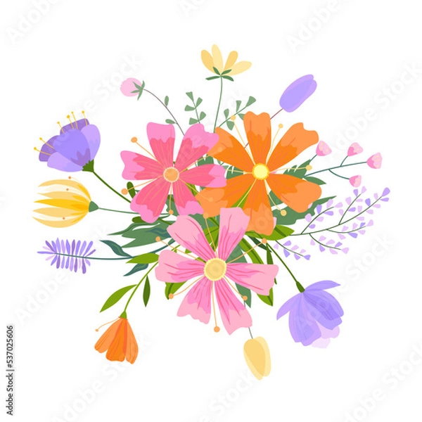 Obraz Vector floral bouquet illustration. Set of leaves, wildflowers, twigs, floral arrangements. Beautiful compositions of field grass and bright spring flowers.