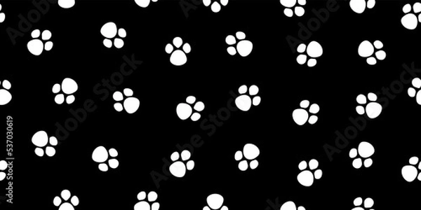 Fototapeta Paw dog seamless pattern. Pet, cat and puppy paws on black background. Footprint of panda. Cartoon animal texture for print. Cute wallpaper. Vector