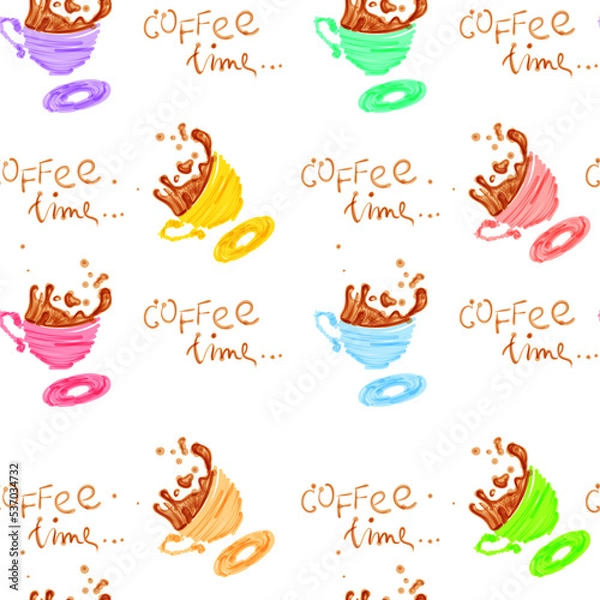Obraz Vector seamless pattern with hand drawn coffee cups drawn with marker . Good for web page design, menu texture, surface background.