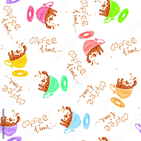 Obraz Vector seamless pattern with hand drawn coffee cups drawn with marker . Good for web page design, menu texture, surface background.