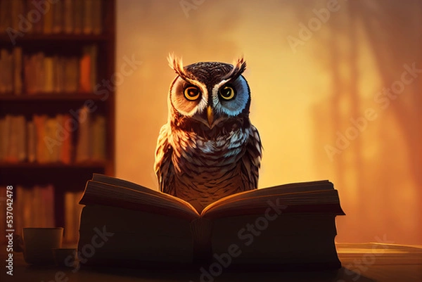 Obraz Alte Eule die in einer Bibliothek ein Buch ließt, Illustration