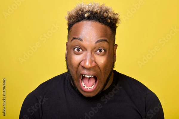 Fototapeta An outraged African-American yells with all his might in outrage close-ups on camera on a yellow background. An enraged black guy screams loudly with his mouth wide open and bulging eyes. 