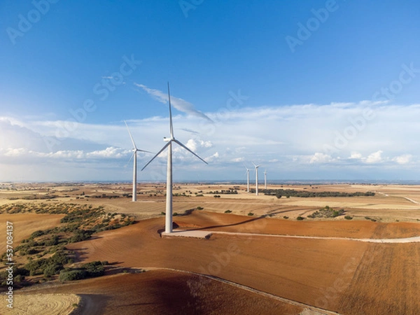 Fototapeta Aerial photograph of a field of windmills in a plowed crop field at sunset