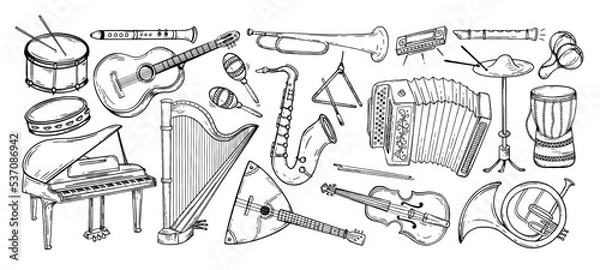 Fototapeta Large set musical instruments hand drawn style. Vector black and white doodle illustration