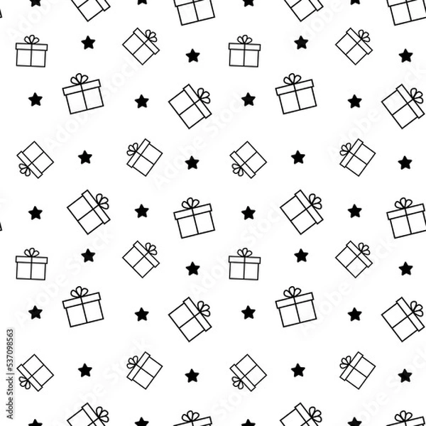 Fototapeta Vector seamless pattern with gift boxes and stars. Black and white line pattern