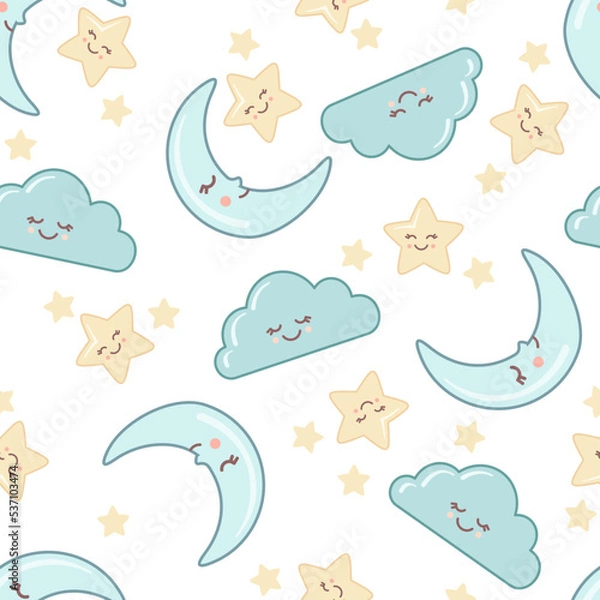 Fototapeta Cute seamless pattern of sky with kawaii faces isolated on white background.