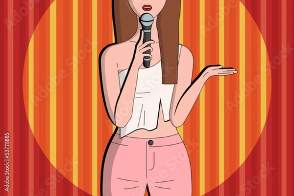 Obraz Stand up female comedian speaking a live show. Woman with microphone on a scene. Red curtain on background. Yellow spotlight. Flat vector design.