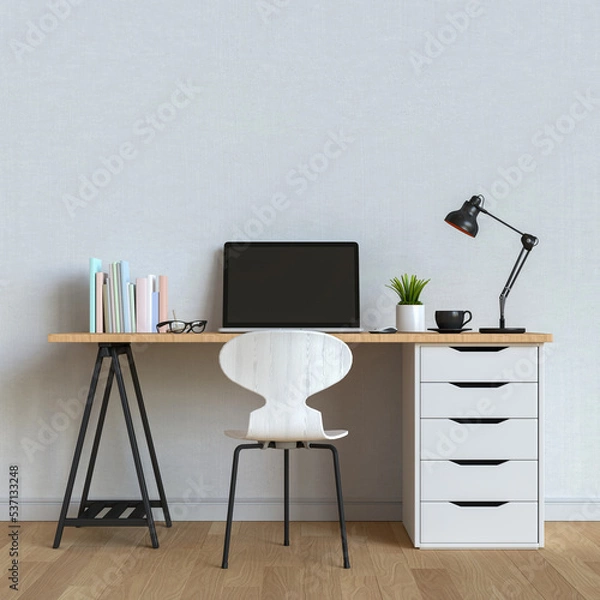 Obraz 3D render of interior modern living room workspace with laptop computer