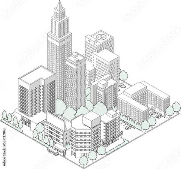 Fototapeta 街並みの立体図. 都市の景観. 線画のイラスト.