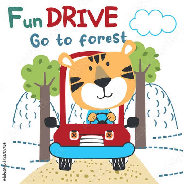 Obraz Vector illustration of funy animal driving the blue car. Funny background cartoon style for kids. Little adventure with animals on the road for nursery design, cartoon tshirt art design.