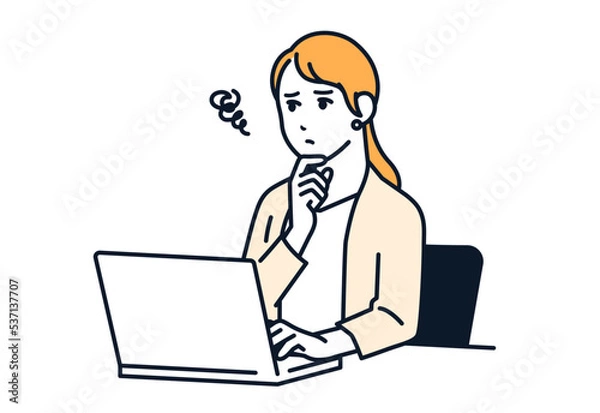 Fototapeta ノートパソコンの前で悩む若いスーツの女性のシンプルなベクターイラスト素材