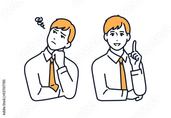 Fototapeta 悩む表情と喜ぶ表情の若いビジネスマンのシンプルなベクターイラストセット素材