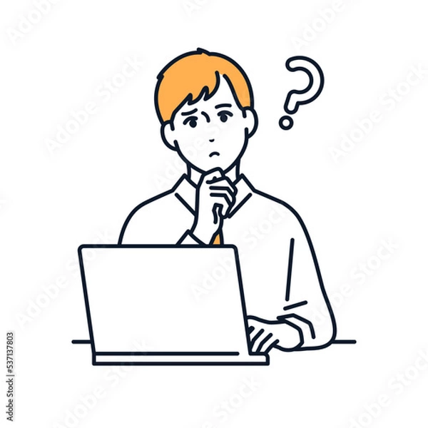 Fototapeta ノートパソコンの前で考える若い男性のシンプルなベクターイラスト素材