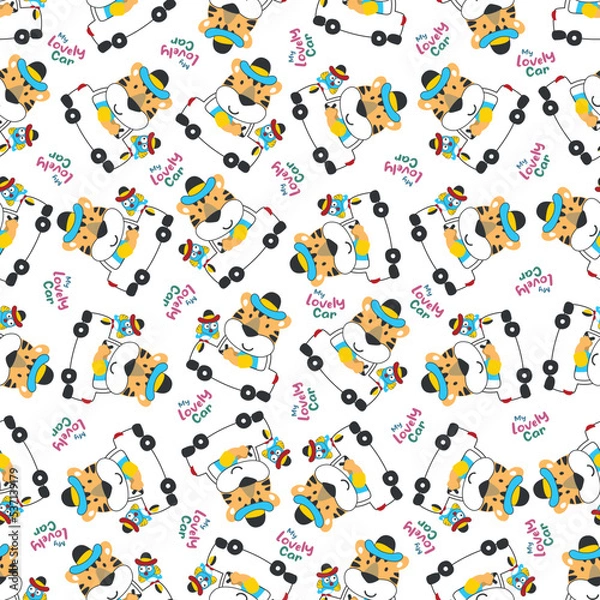 Fototapeta Vector illustration of funy animal driving the red car. Can be used for t-shirt print, Creative vector childish background for fabric textile, nursery wallpaper and other decoration.